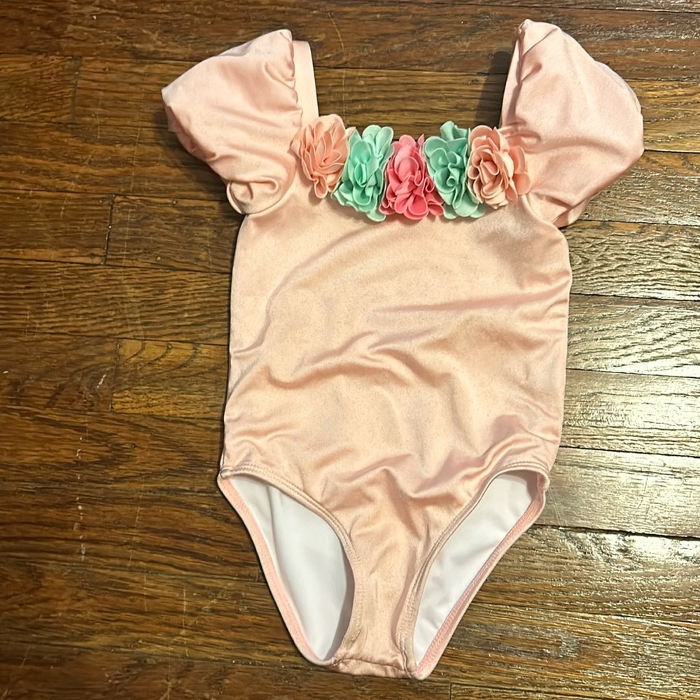 Pre owned Janie and Jack light pink swimsuit with flower detail - Size 3